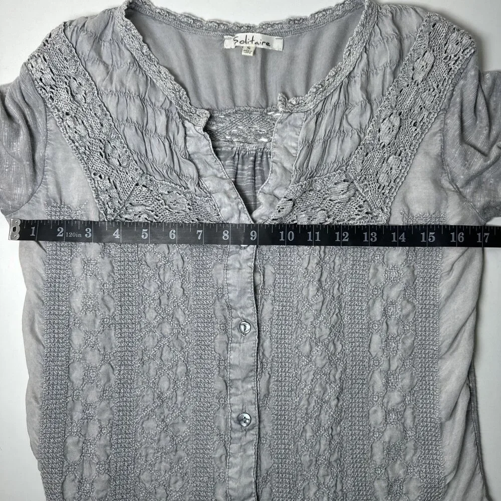 Solitaire Blouse Small Gray Crochet Lace‎ Embroidered Rayon Boho Peasant Top